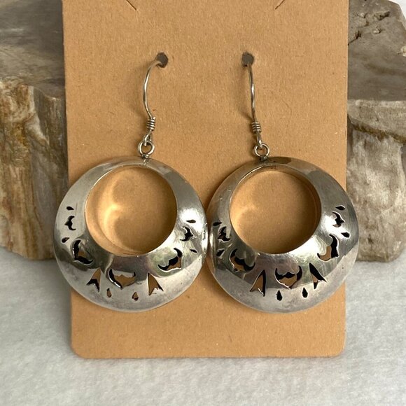 Sterling Silver 925 Chunky Round Cut Out Pierced Dangle Crescent Hoop Earrings - Picture 1 of 16
